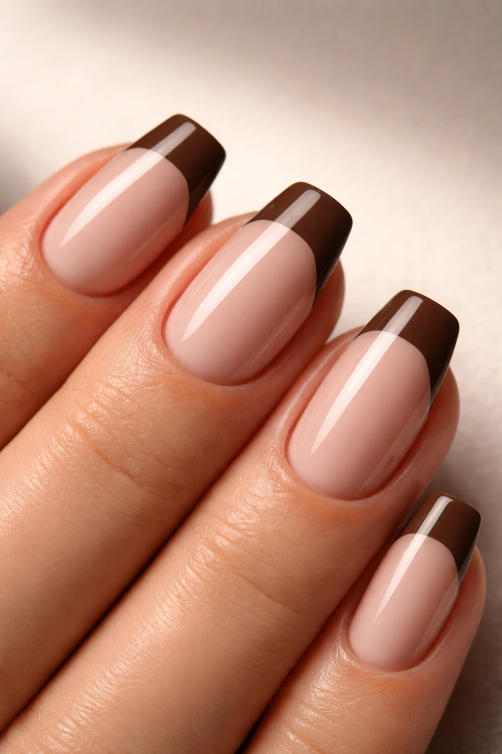 Close-up of a short almond nail with a straight brown geometric tip line
