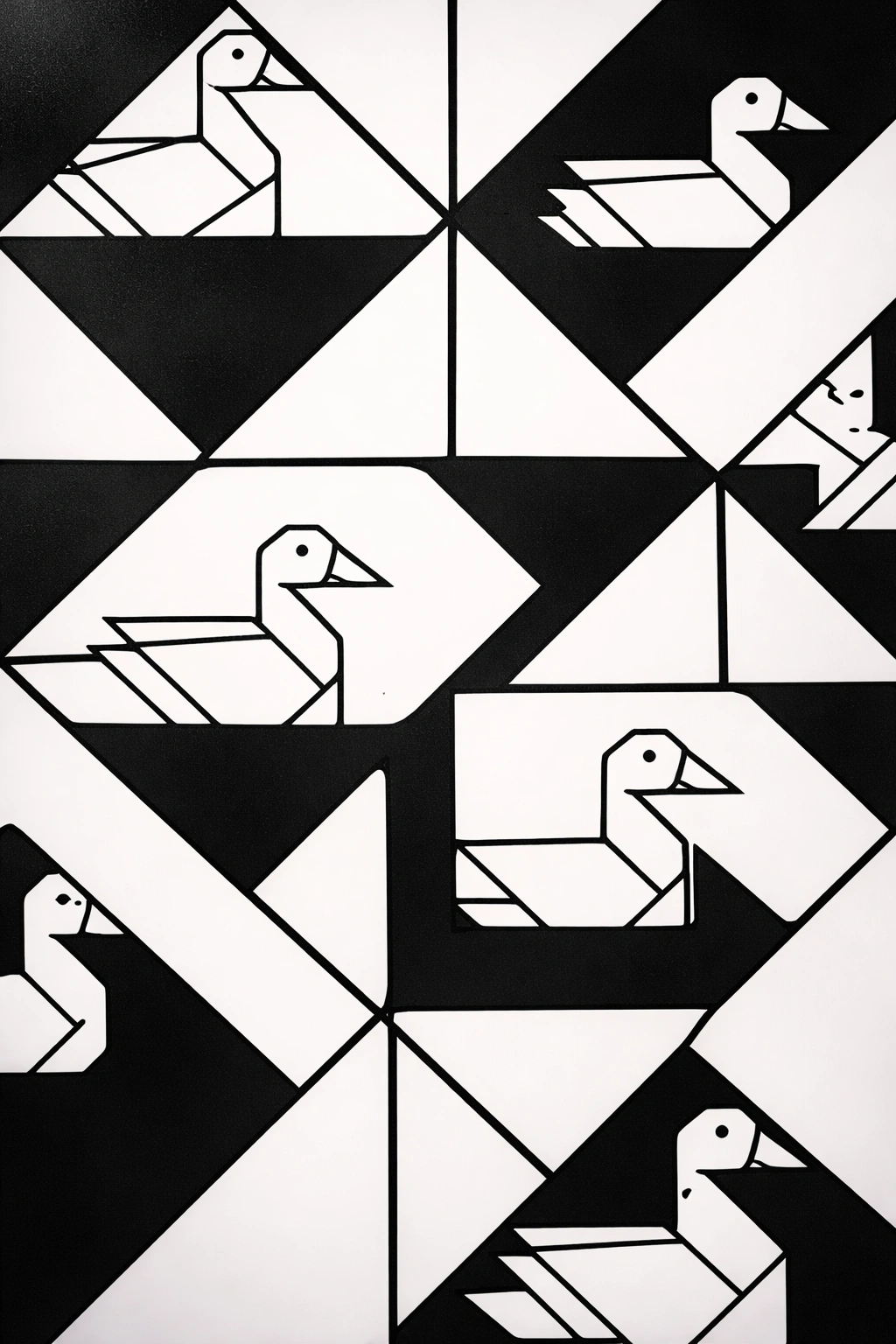Close-up of geometric duck pattern nails with sharp lines and white spaces.