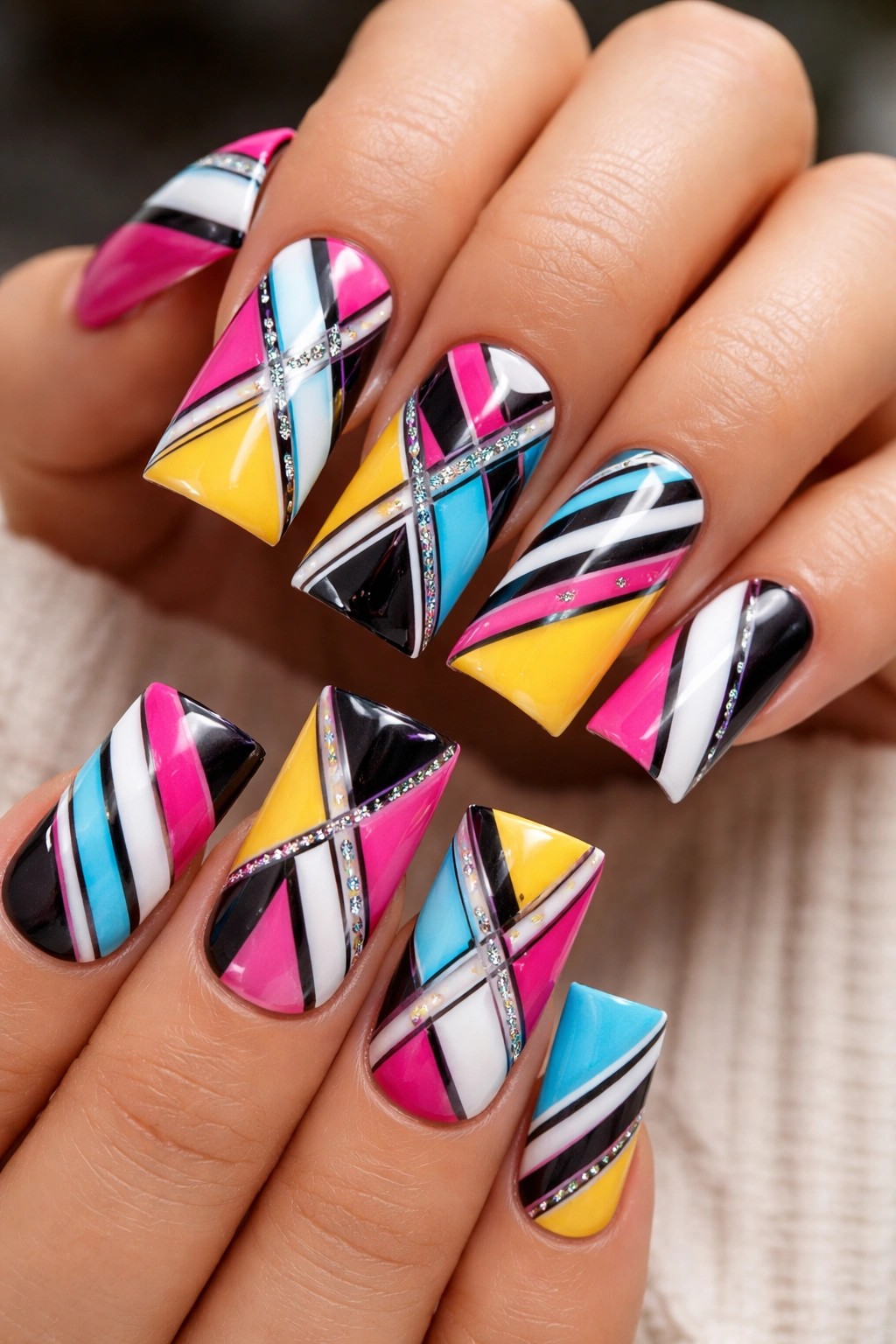 Duck nails with geometric patterns and stripes