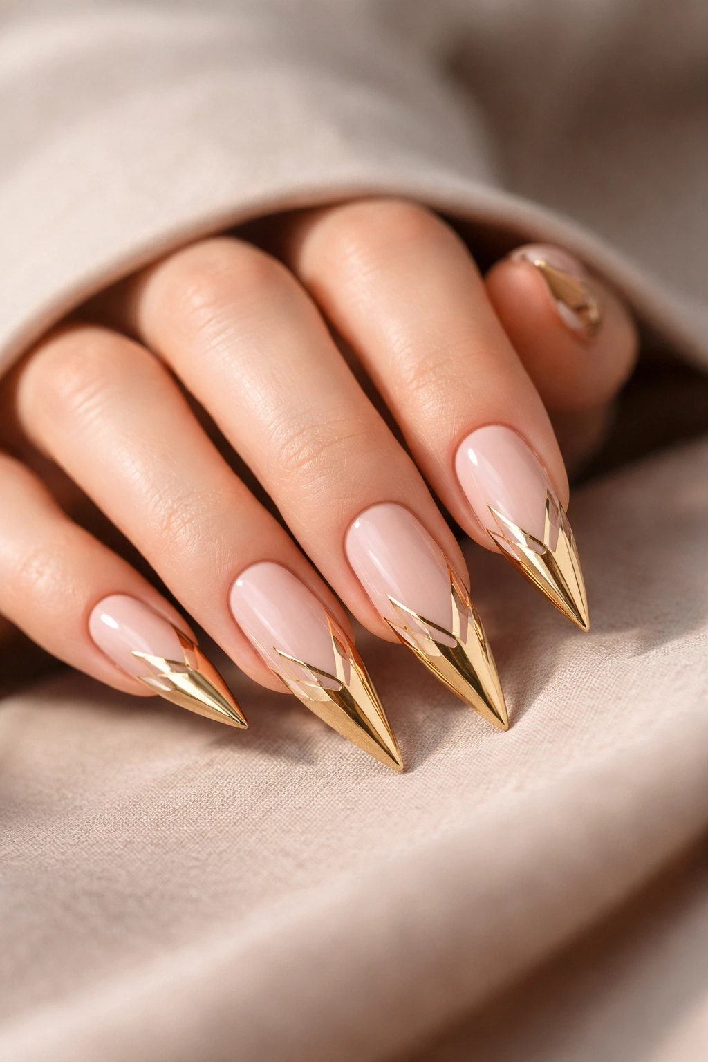 Close-up of stiletto nails with geometric gold lines on the tips.