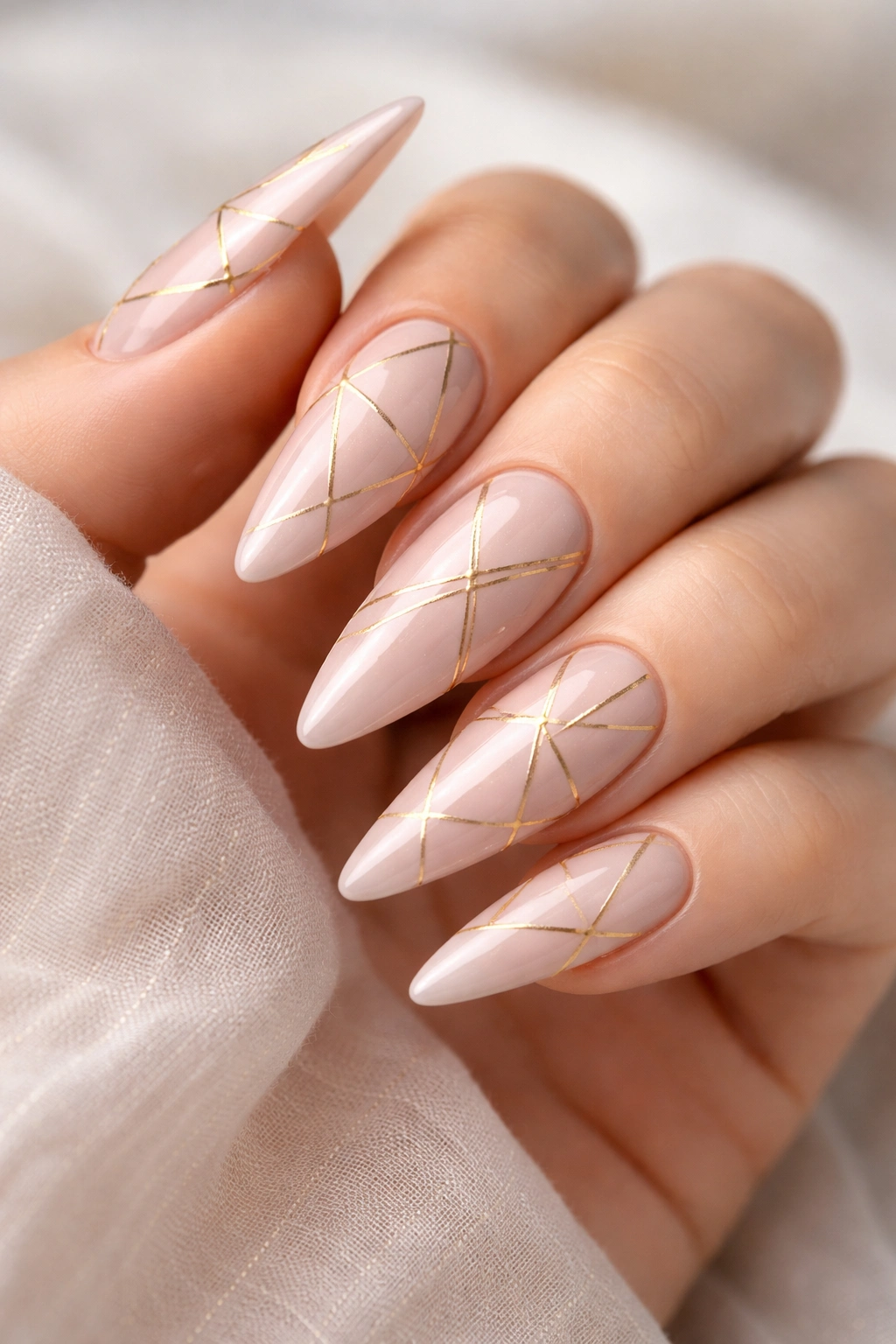 Blush pink nails with gold geometric lines
