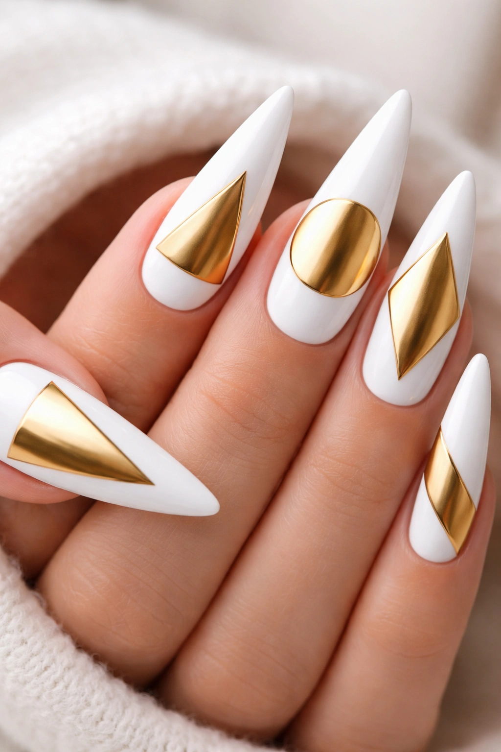 Stiletto nails with bold gold geometric shapes on white base