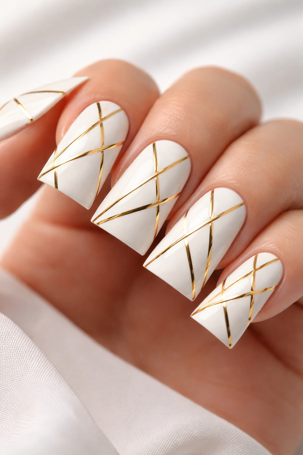 Close-up of white nails with thin gold geometric lines on a neutral studio backdrop
