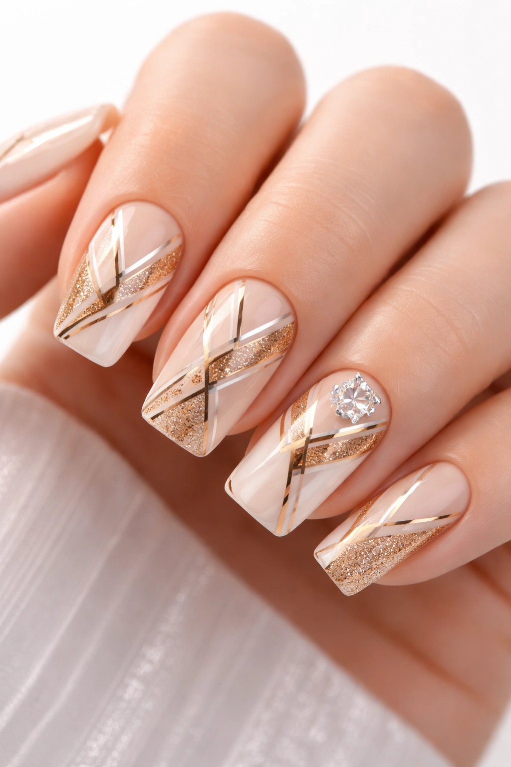Close-up of geometric nail art with metallic gold patterns on nude base