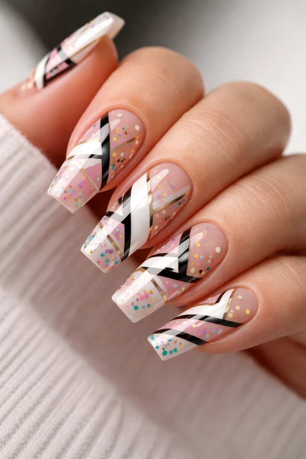 Coffin nails with geometric negative-space patterns and confetti accents