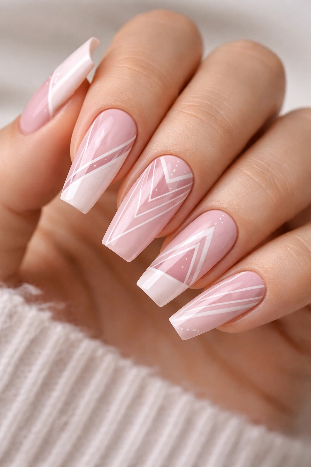 Coffin nails with light pink base and geometric patterns