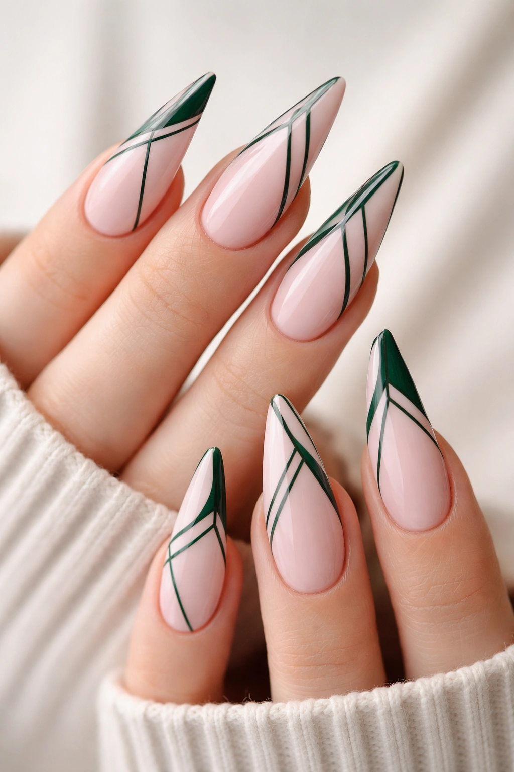 Stiletto nails with baby pink base and dark green geometric lines