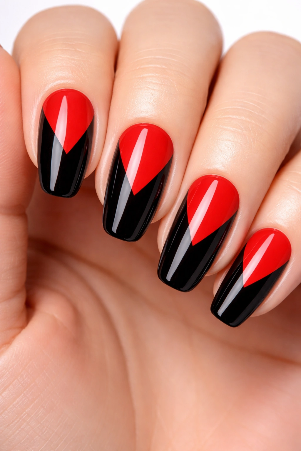 Close-up of nails with red and black geometric color blocks and crisp lines
