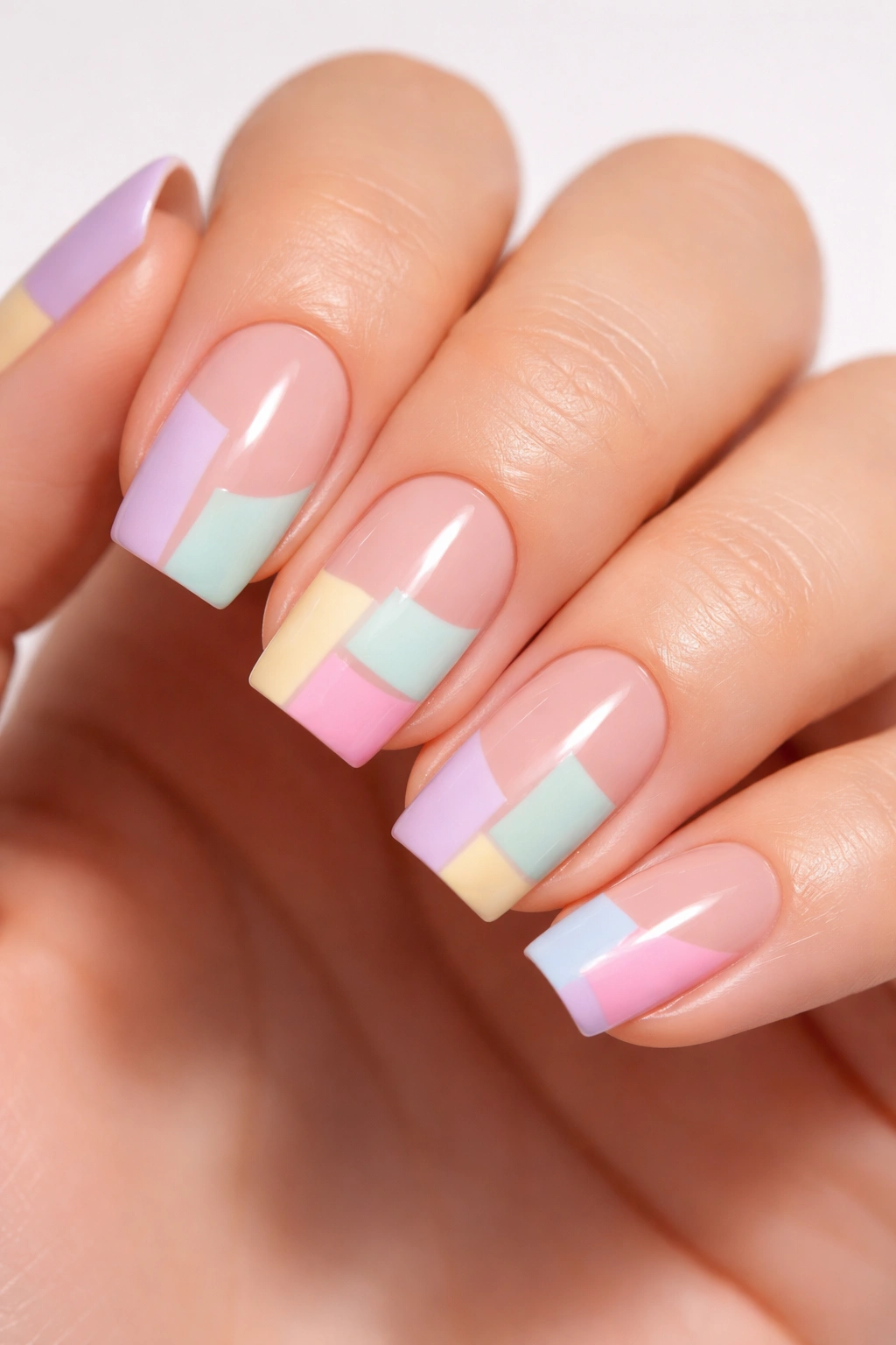 Nails with pastel geometric block designs on squoval nails