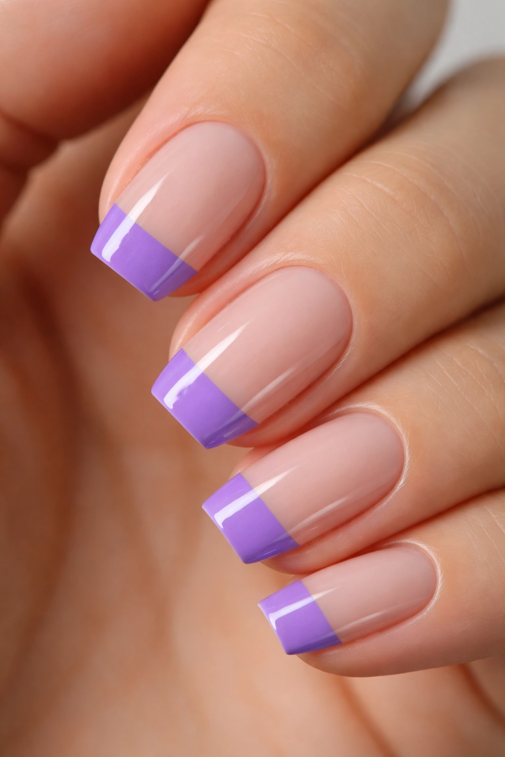 Close-up of a short almond nail with a straight geometric purple tip
