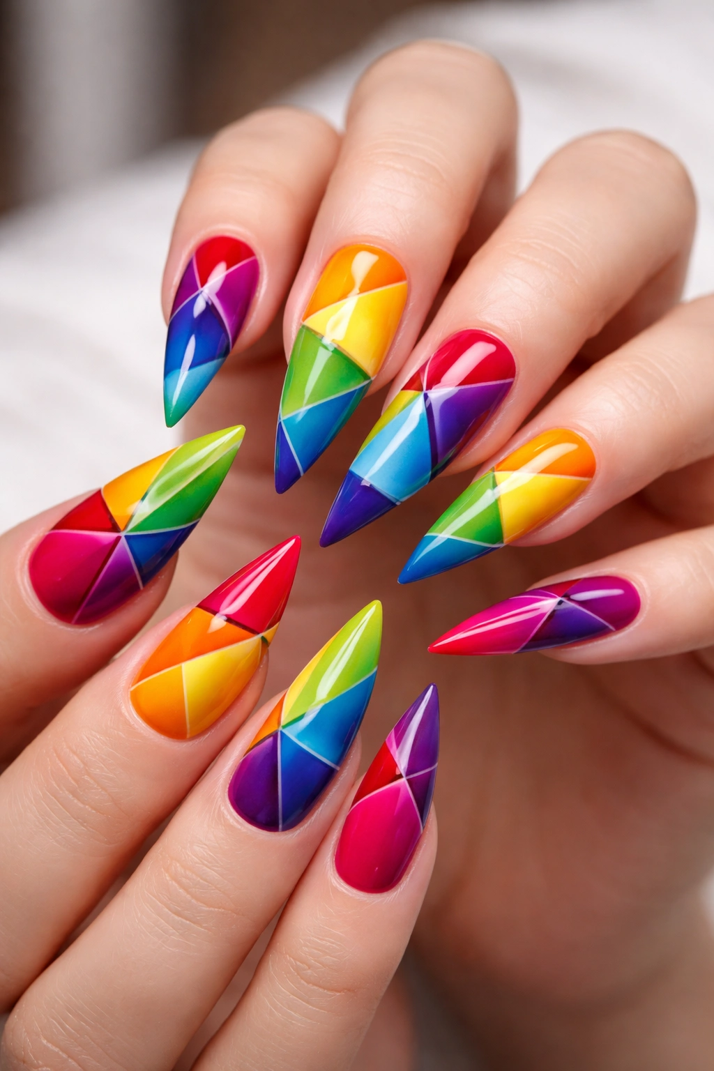 Stiletto nails with bold rainbow-colored geometric triangles