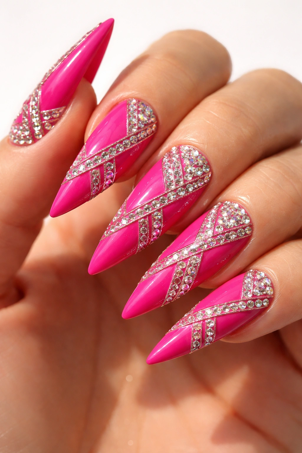 Close-up of hot pink stiletto nails with geometric rhinestone pattern on a clean background