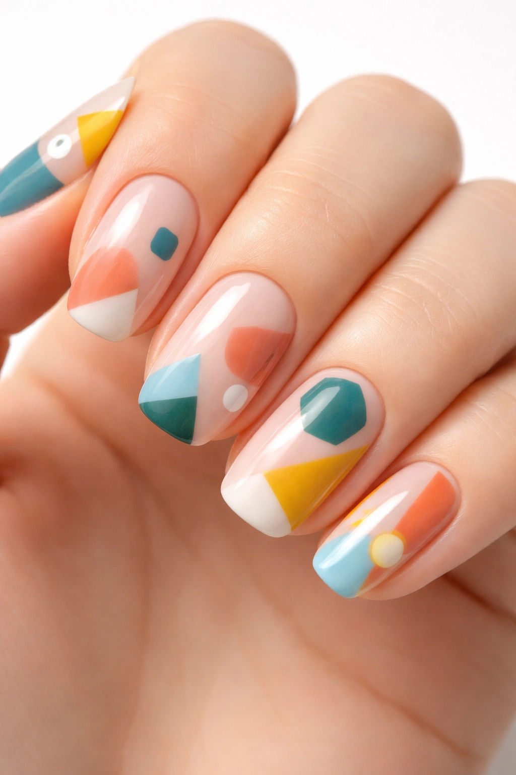 Nails with geometric shapes and large negative space on nude base