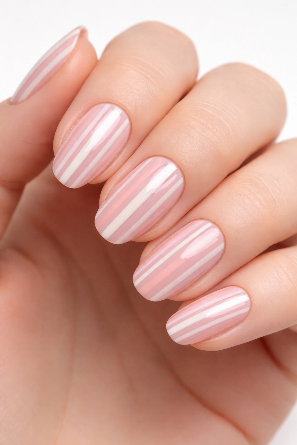 Nails with pink and white geometric stripes.