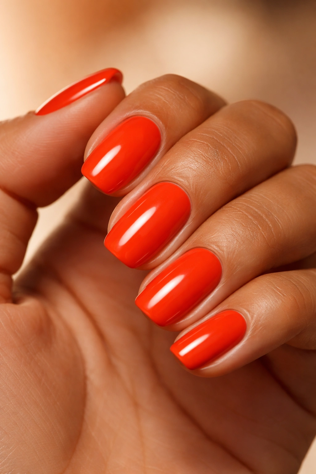 Close-up of nails painted Geranium vibrant red-orange on a bare hand