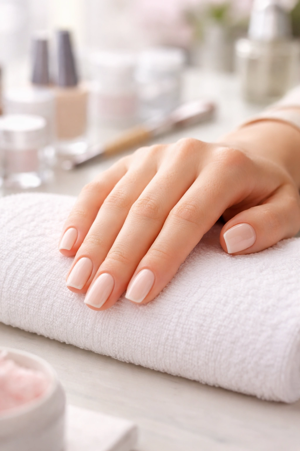 Close-up of a first-timer's hand on a manicure table in a neutral salon setting