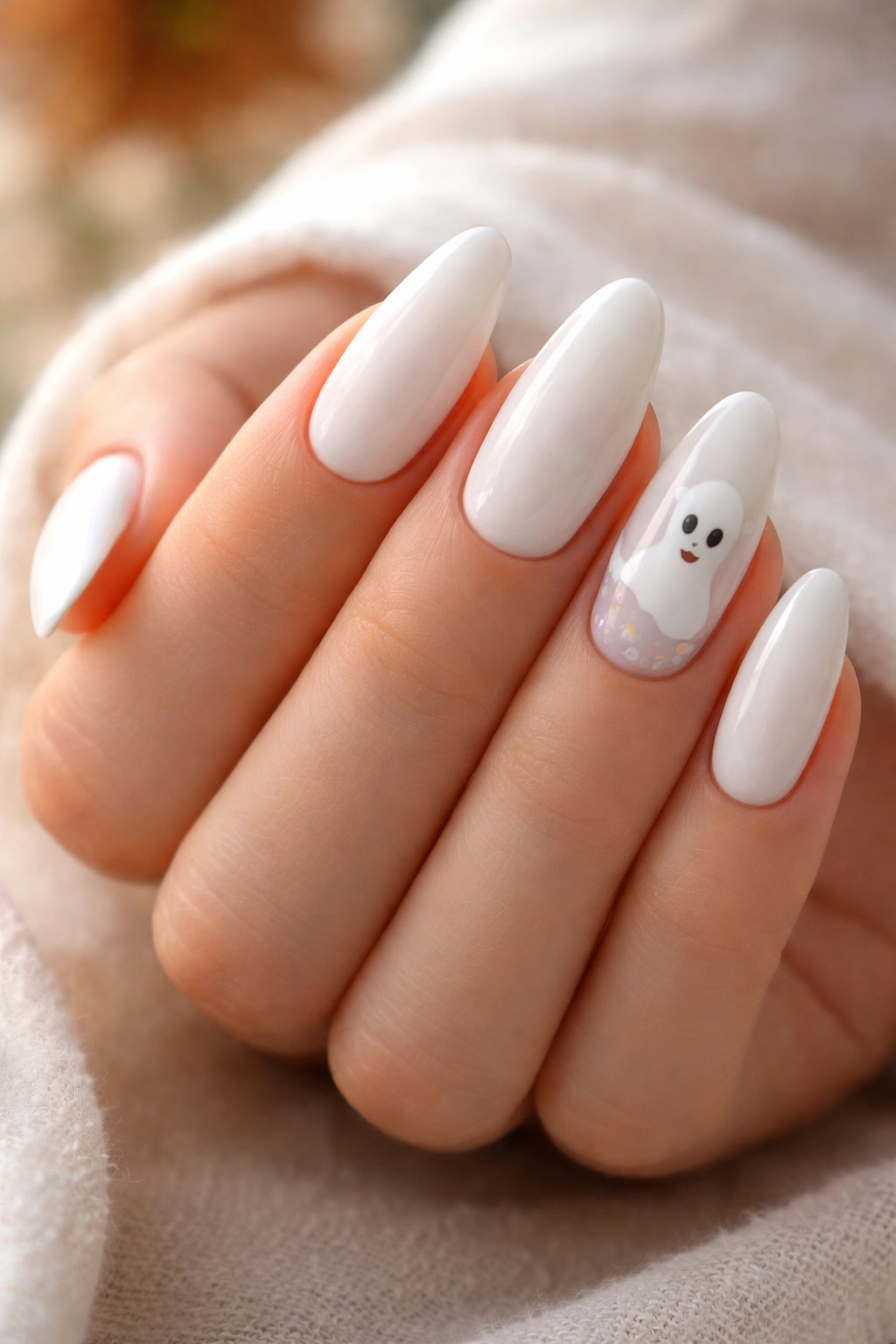 White almond nails with ghost shapes, no text.