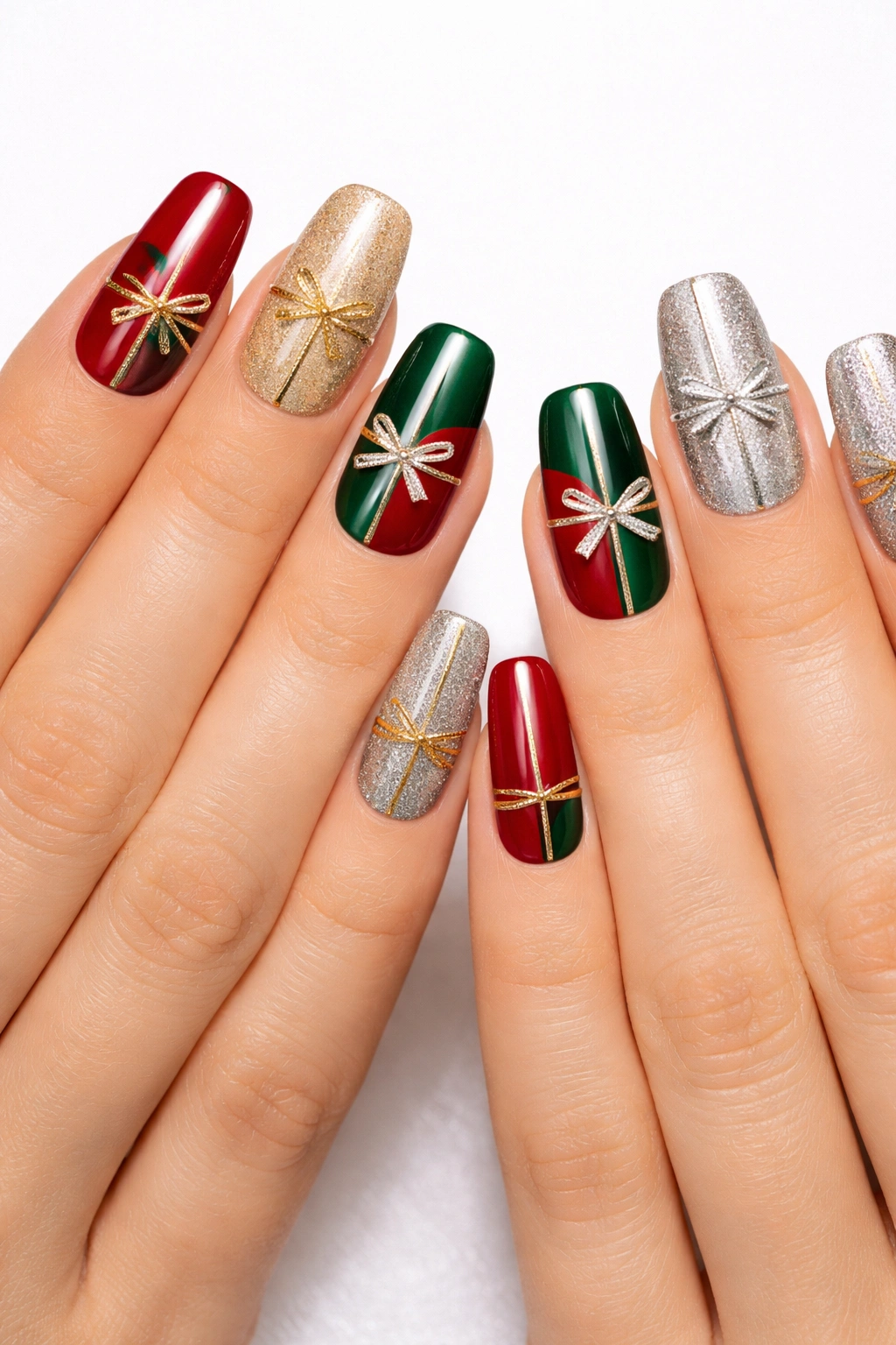 Nails with color-blocked gift-wrapped design featuring ribbons on each nail
