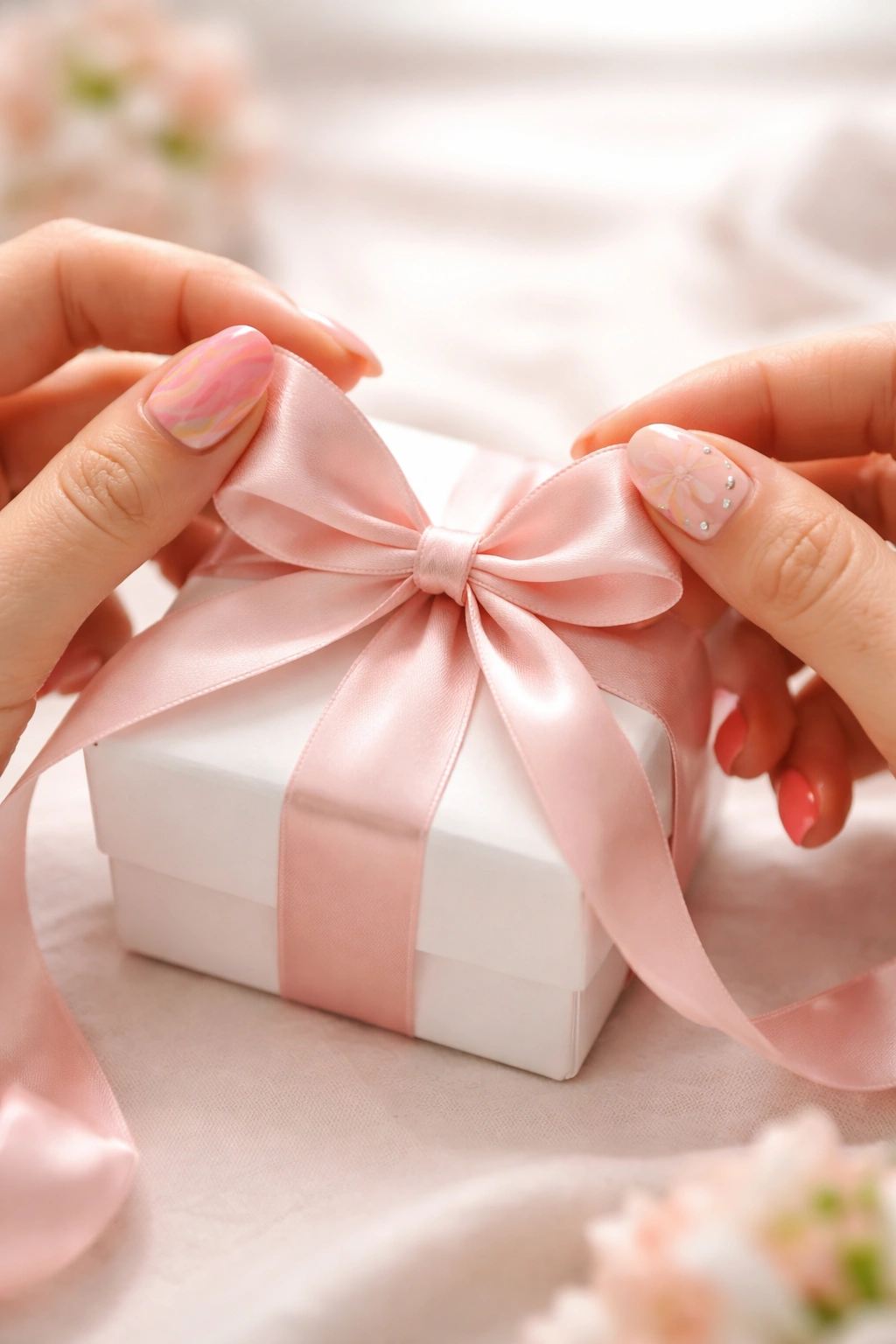 Hands tying a ribbon on a small gift box