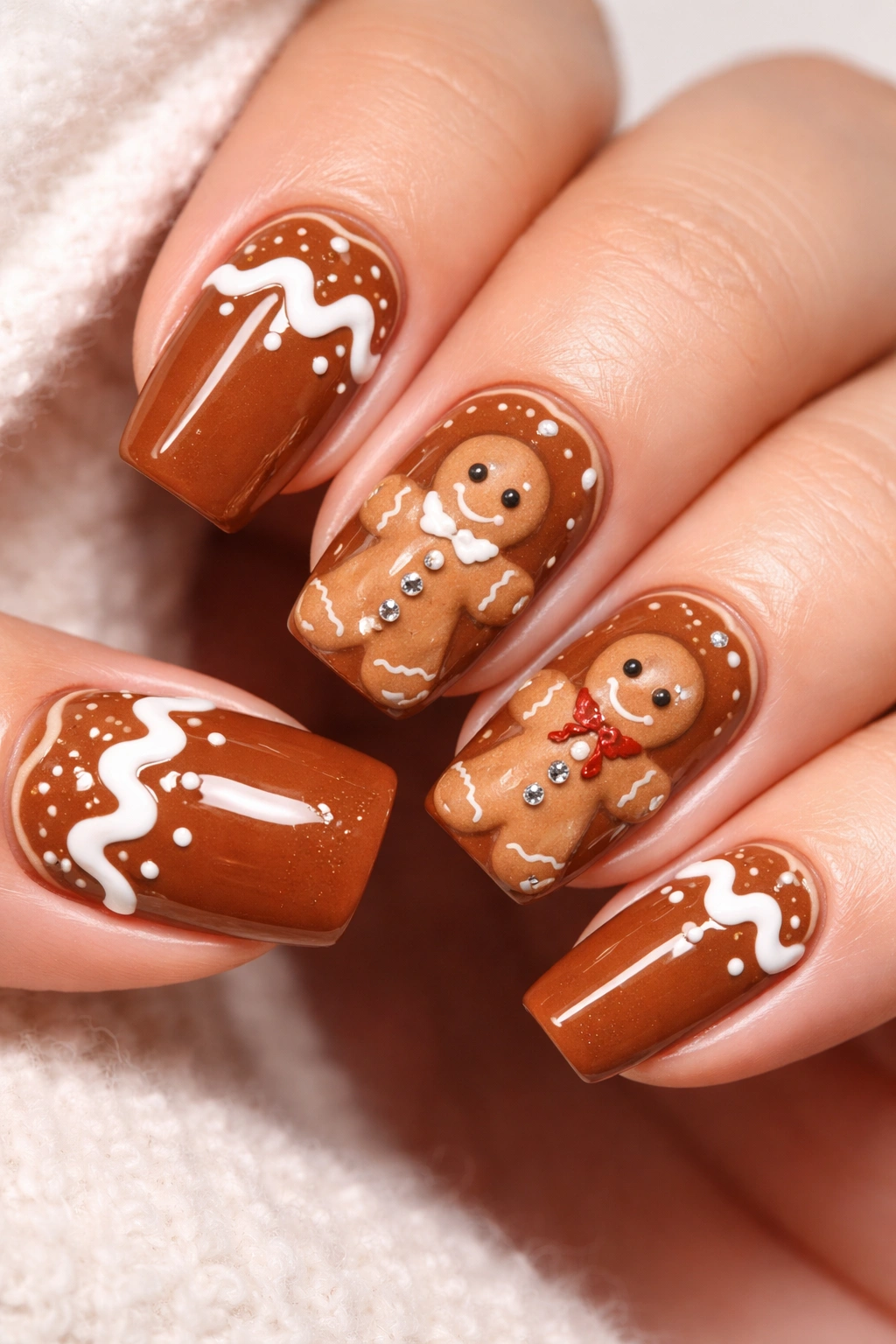 Brown gingerbread nails with white icing and rhinestone buttons