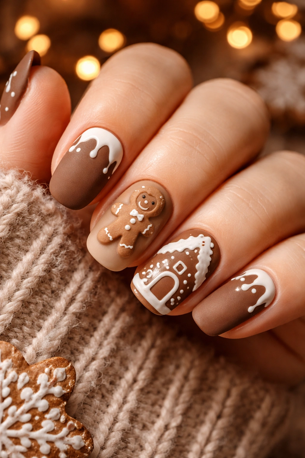 Close-up of gingerbread-inspired nails with a matte brown base and white icing details