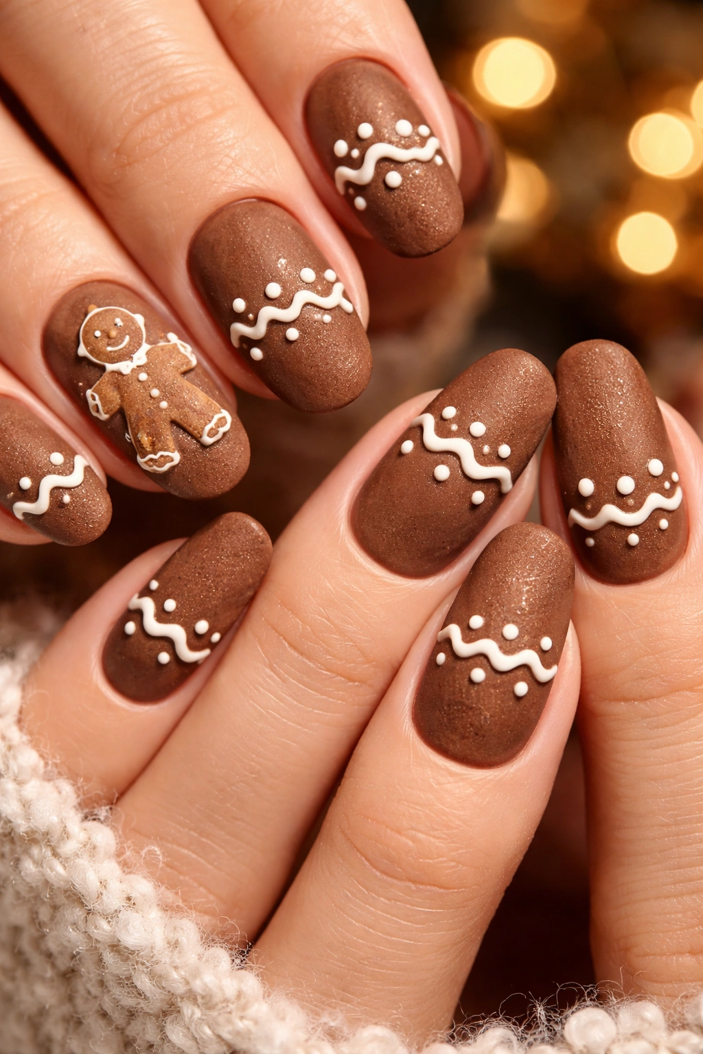 Close-up of gingerbread manicure with brown bases and icing details