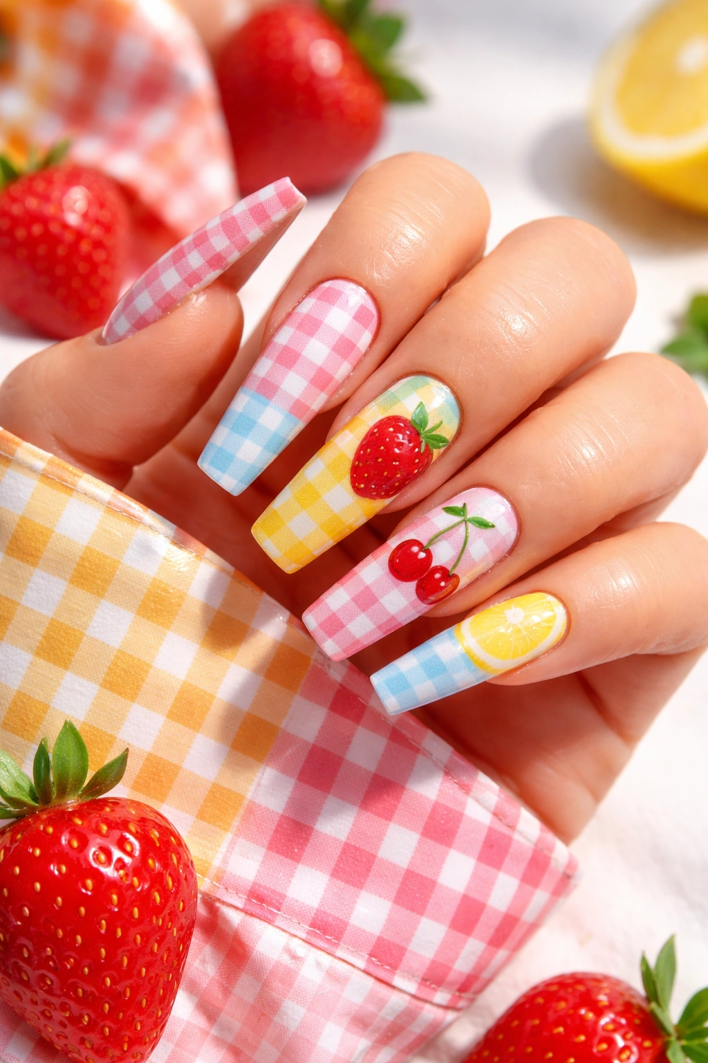 Close-up of long nails with gingham check pattern and fruit accents on a neutral surface.