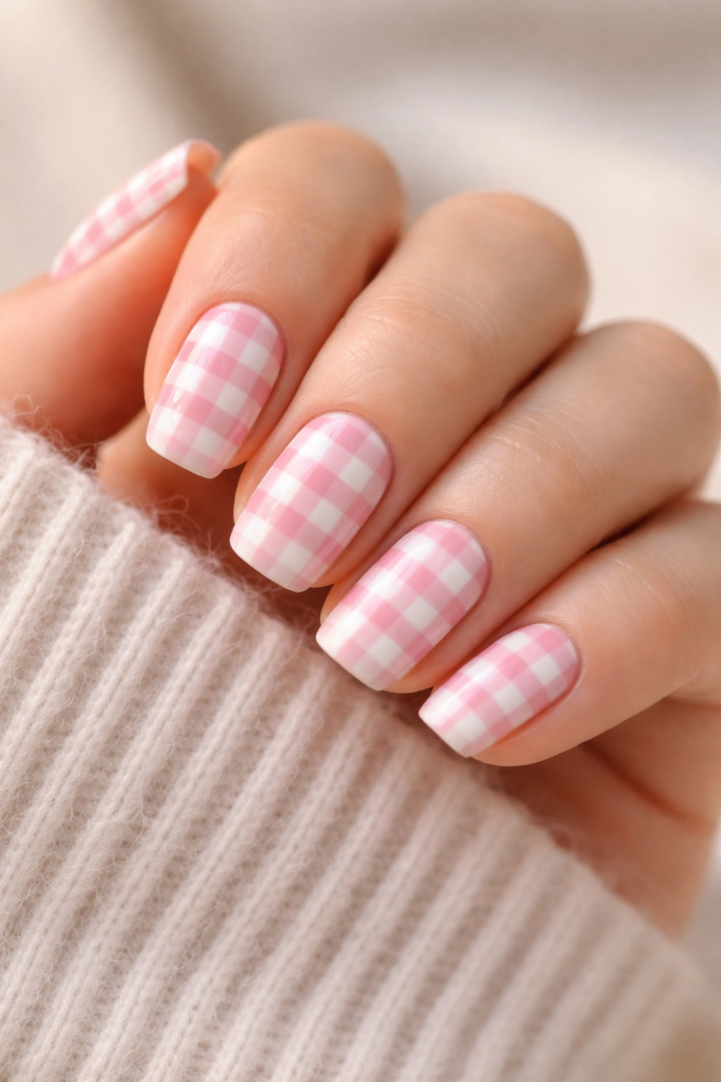 Close-up of pink and white gingham check nails.