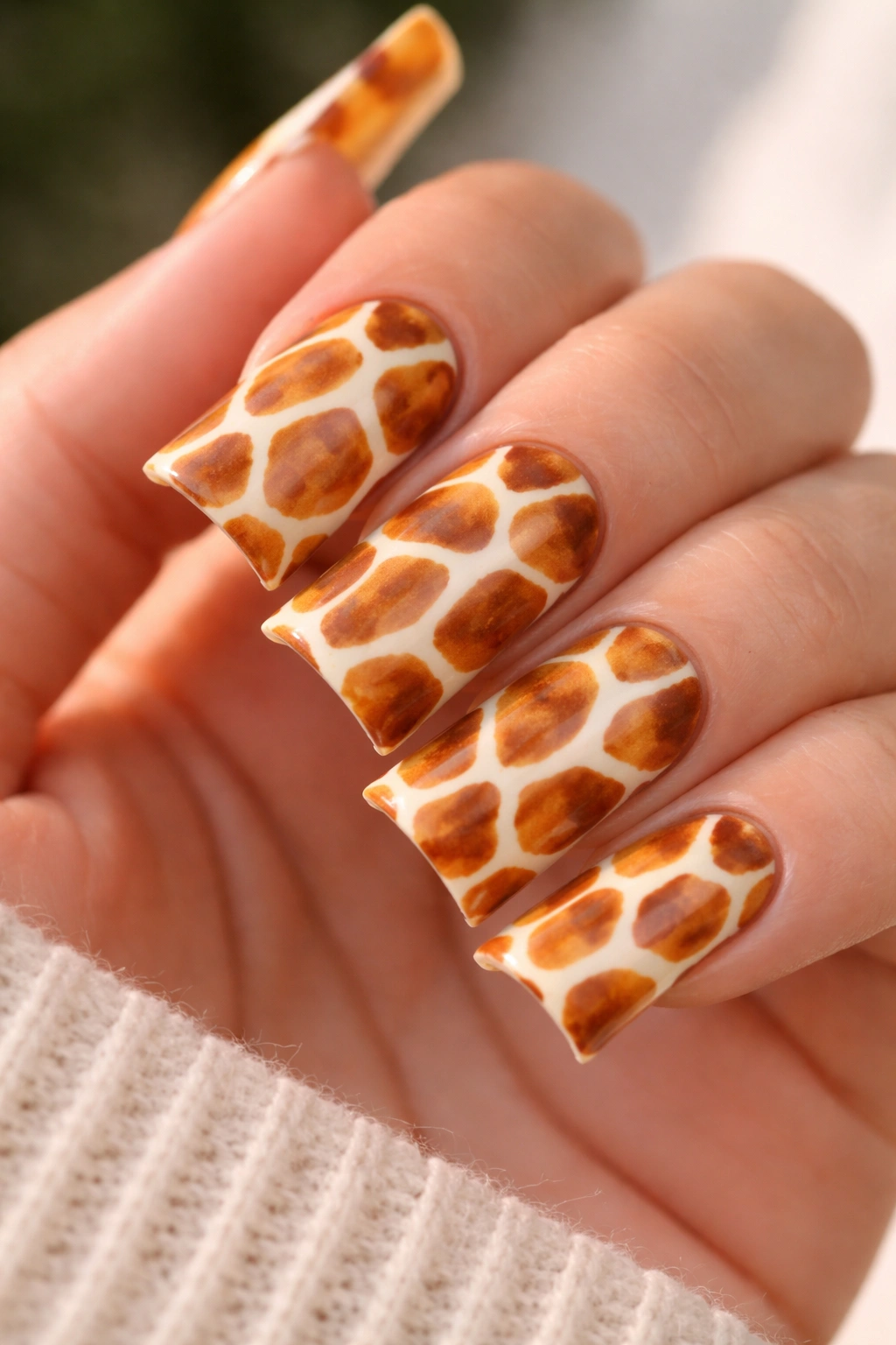 Close-up of a duck nail with irregular mustard and brown giraffe patches on cream base
