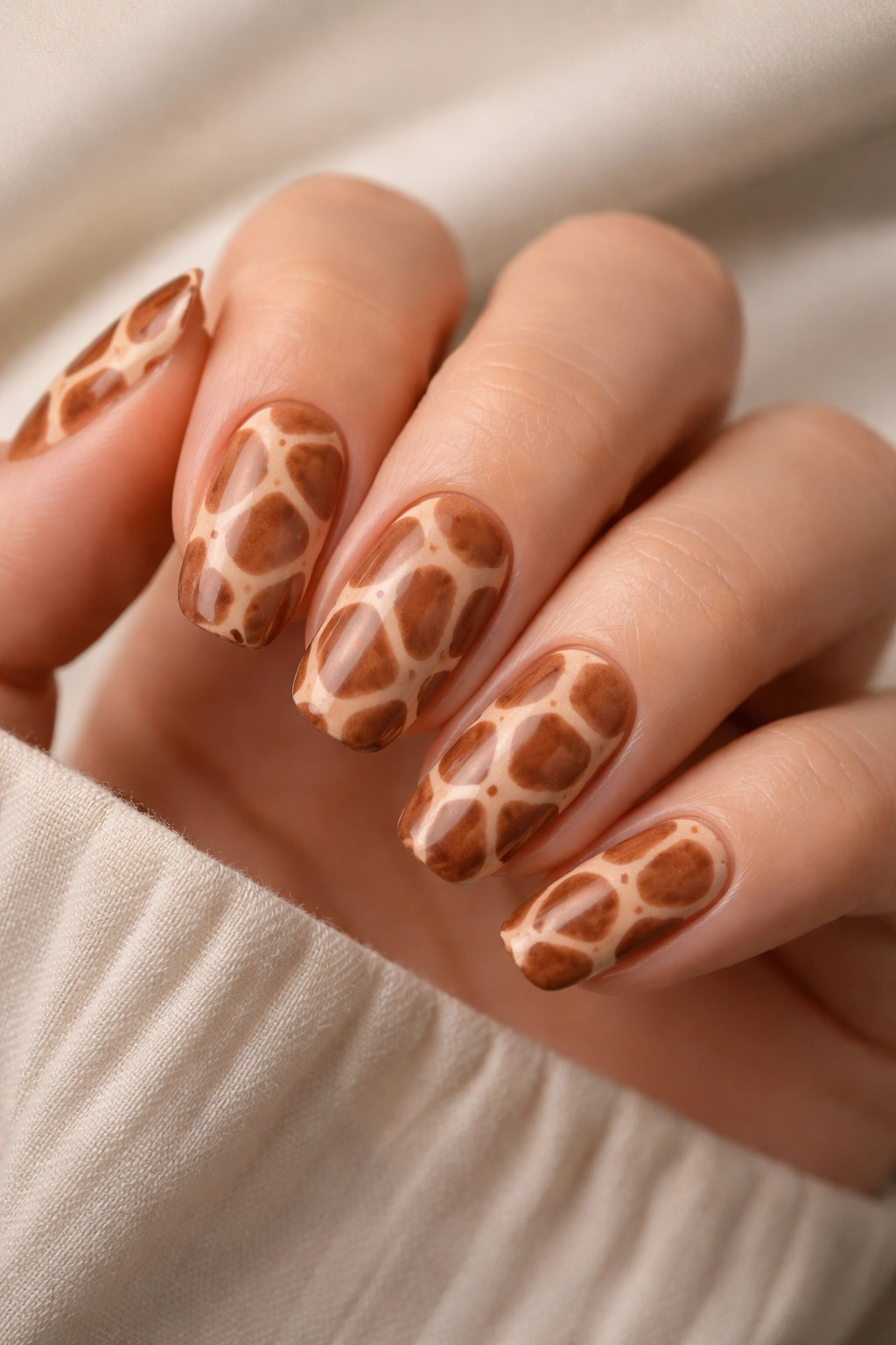 Close-up of giraffe print nails on hand with tan and brown patches