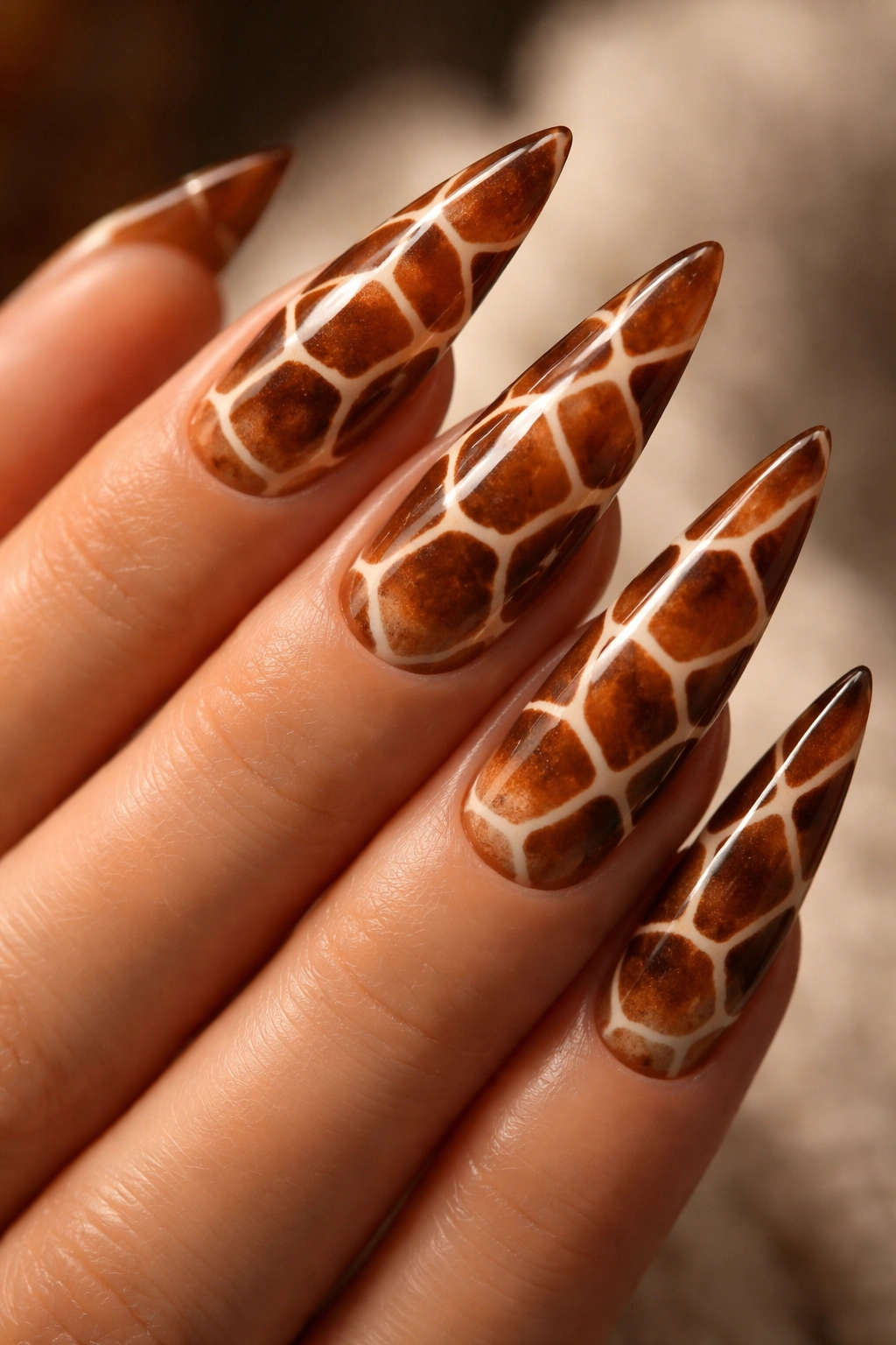 Close-up of giraffe print nails with irregular polygons on warm brown and cream stiletto tips