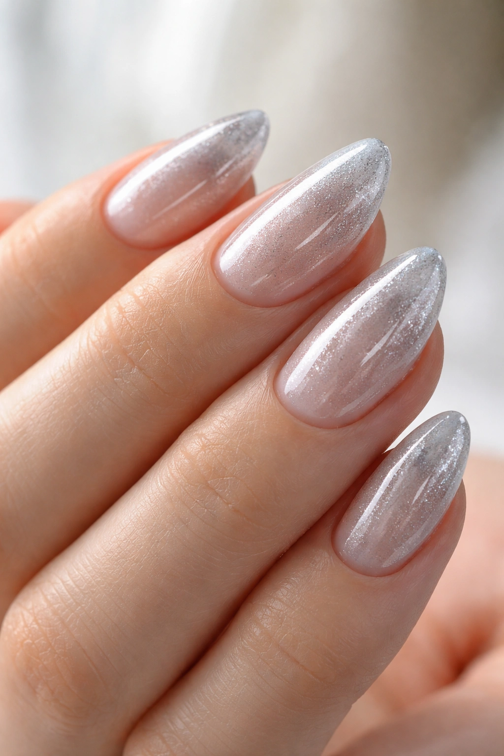 Close-up of short almond jelly nails in translucent silver