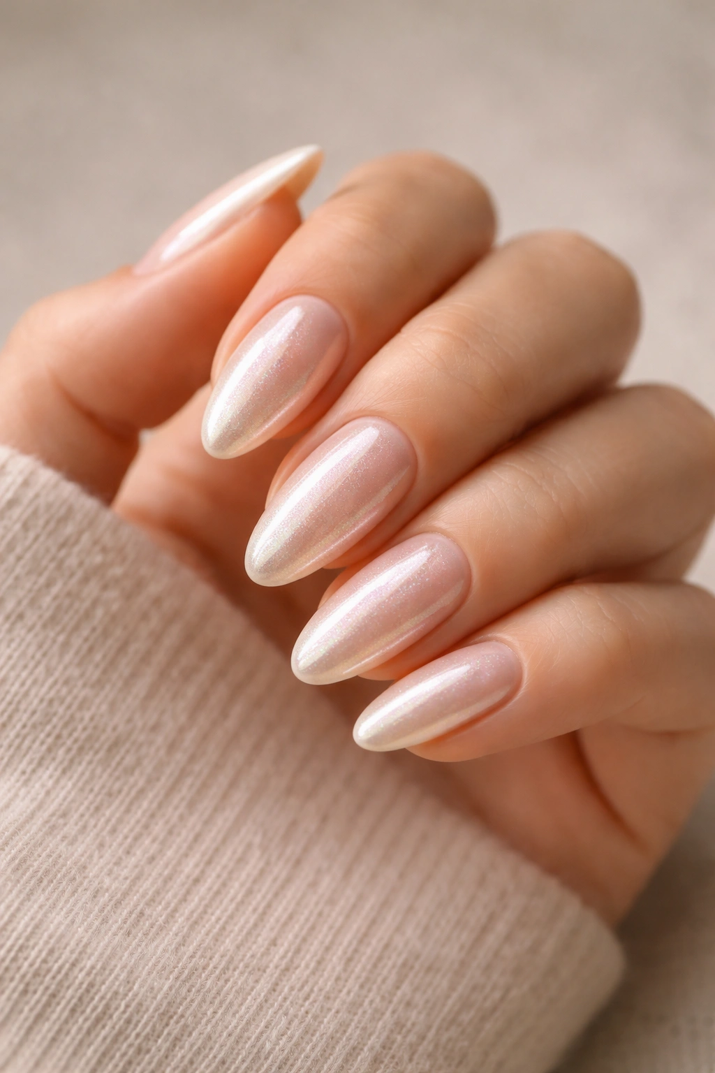 Close-up of glazed donut almond nails with pearl shimmer on a hand