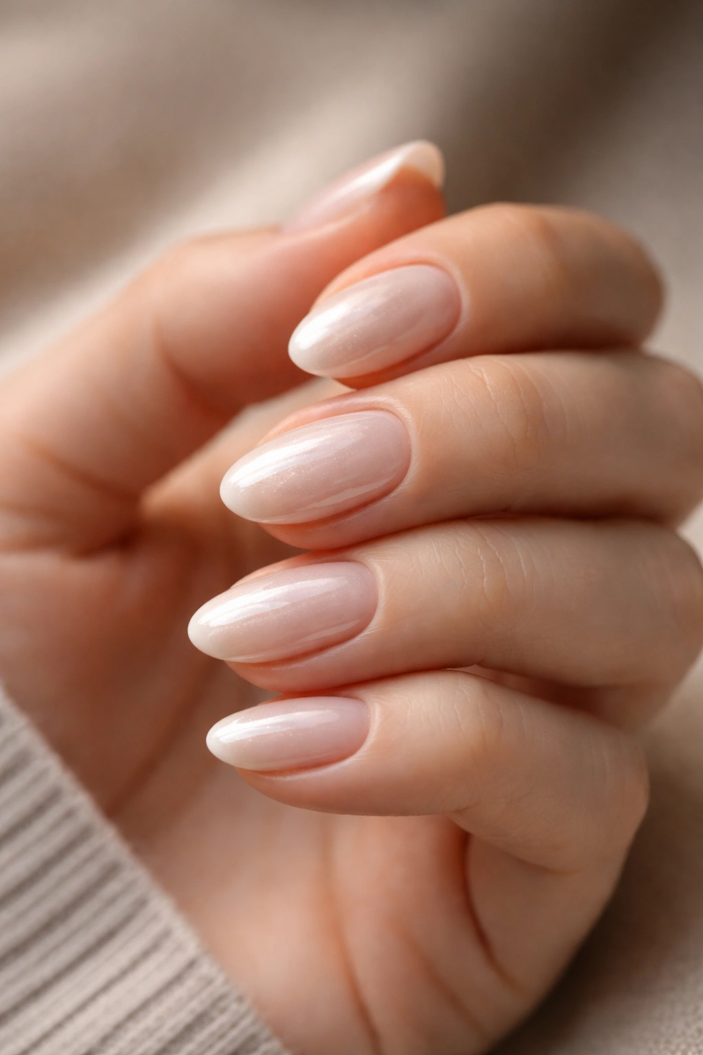 Close-up of glazed short almond nails on a hand