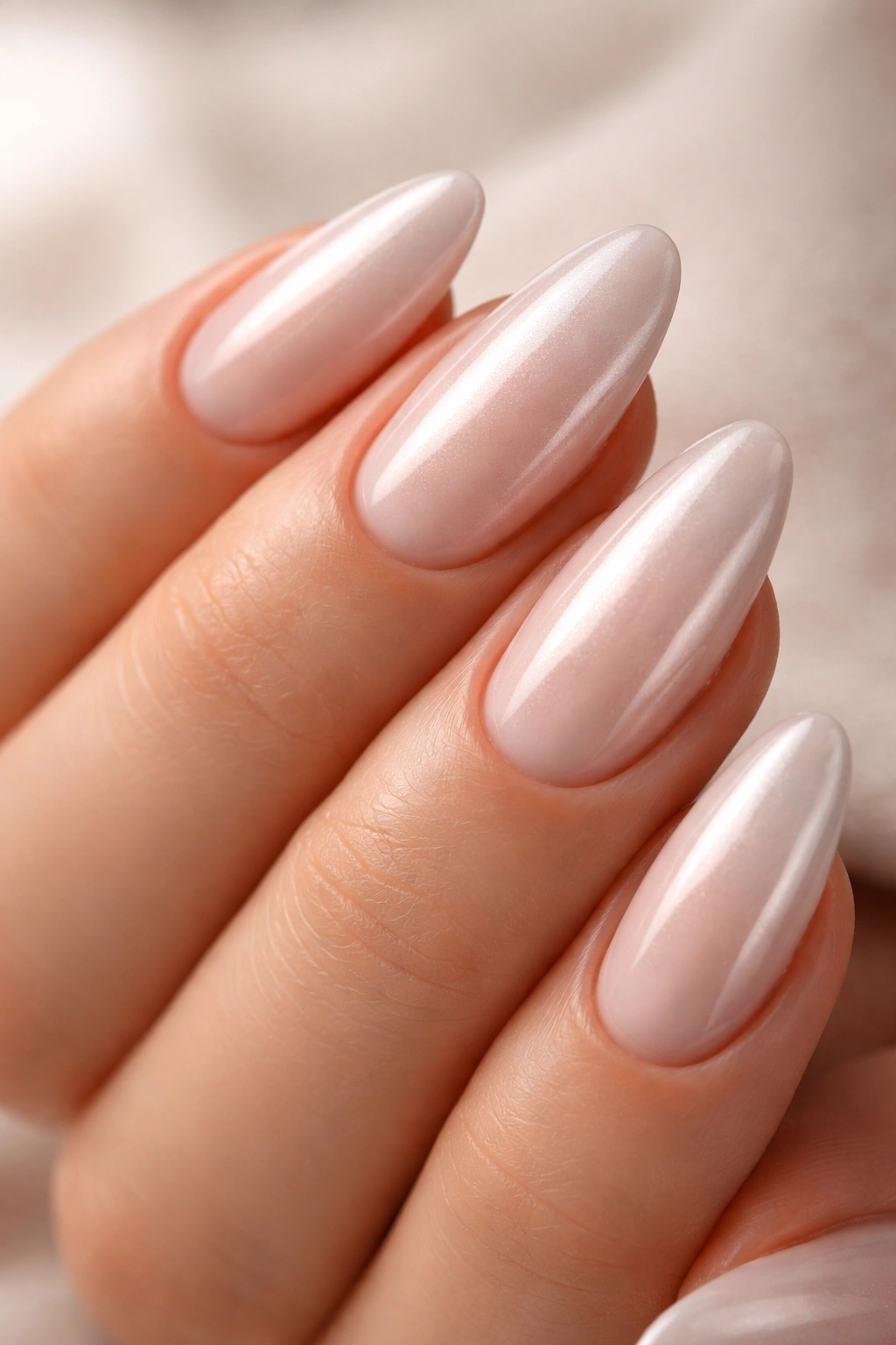 Close-up of glazed almond nails with pearly chrome sheen on pale base