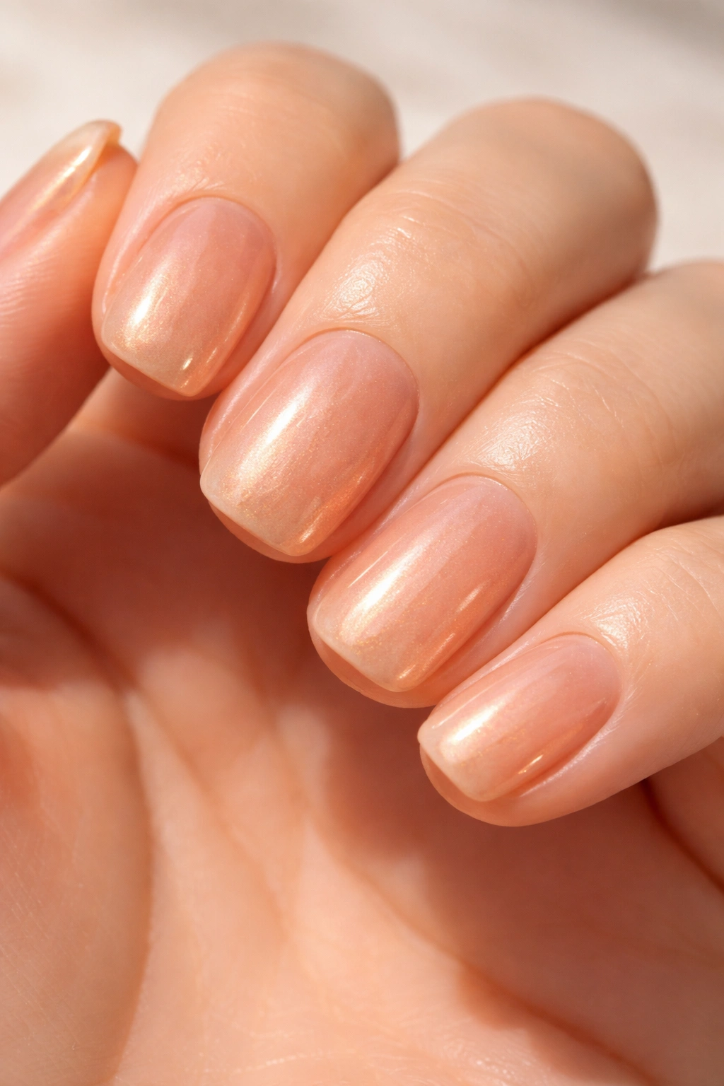 Close-up of short nails with a warm apricot glazed finish and soft shimmer