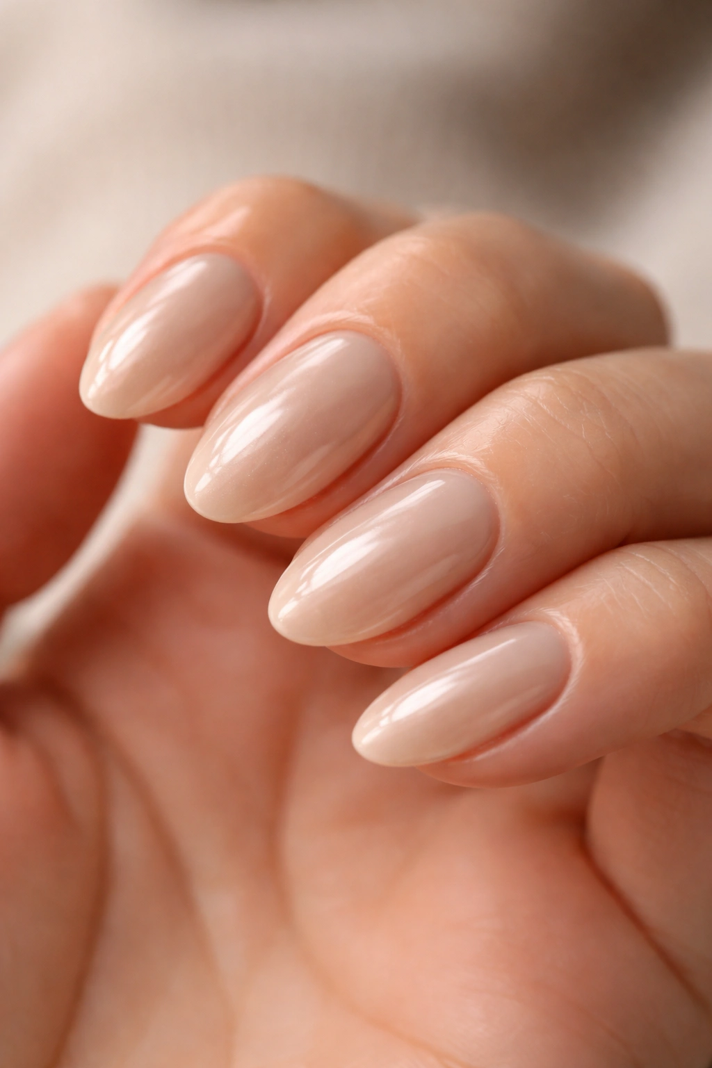 Close-up of short almond nails with glazed beige finish and reflective shine