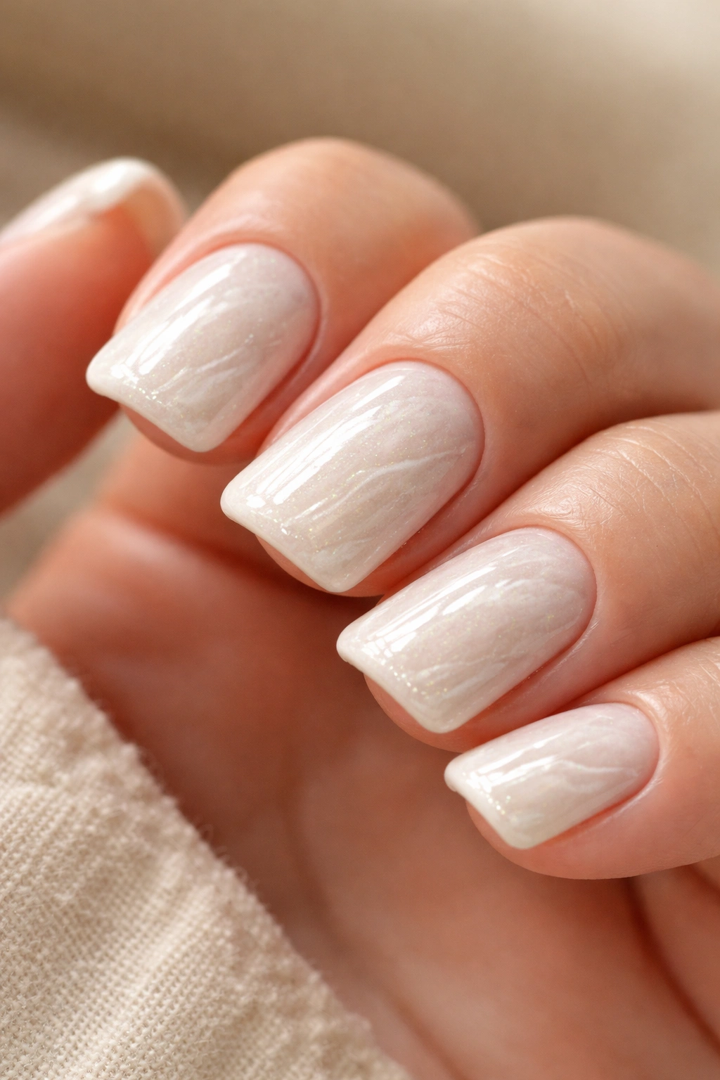 Close-up of short nails with glazed ceramic white duck nail finish