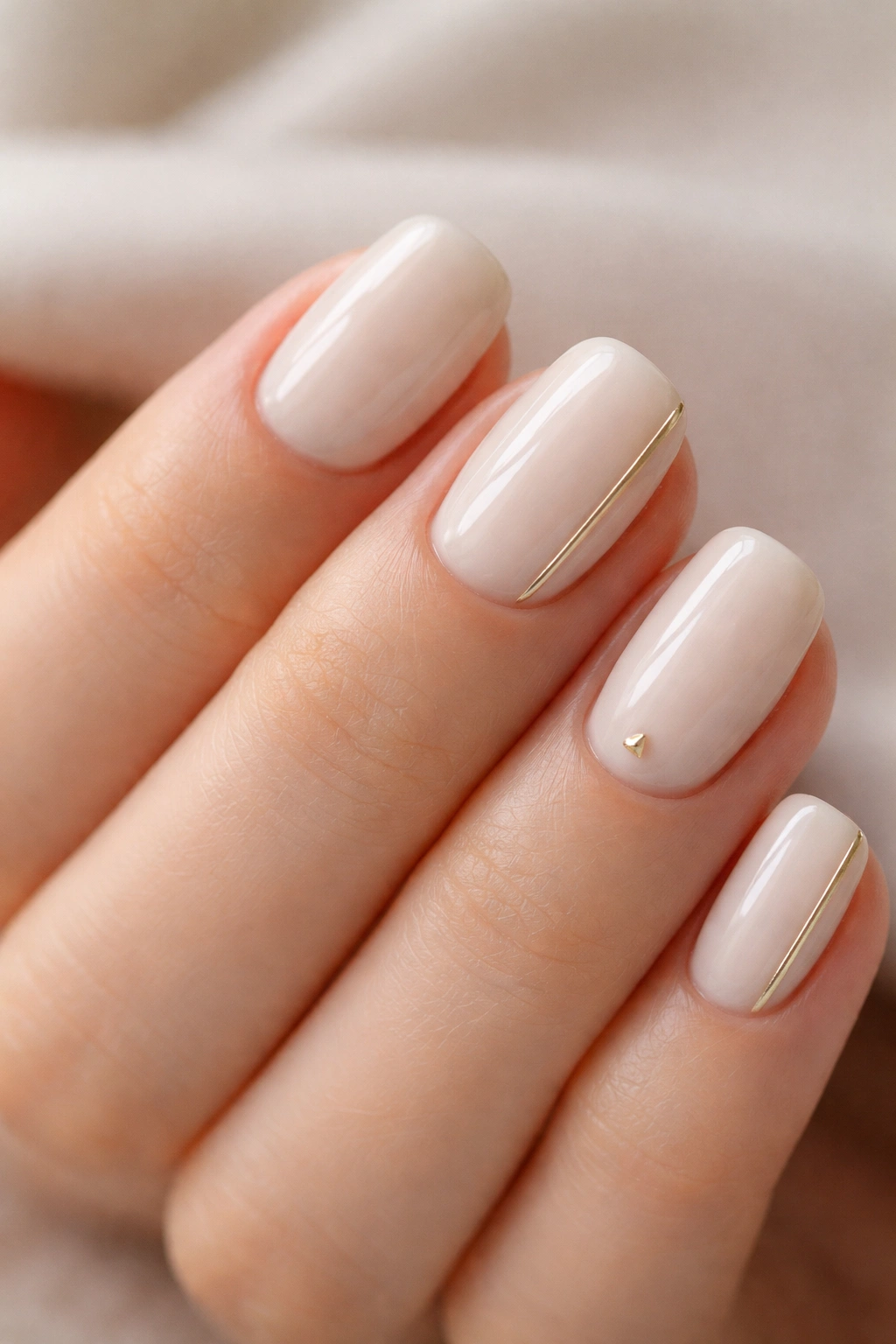 Close-up of short squoval nails with glazed ivory glaze and metallic stripe
