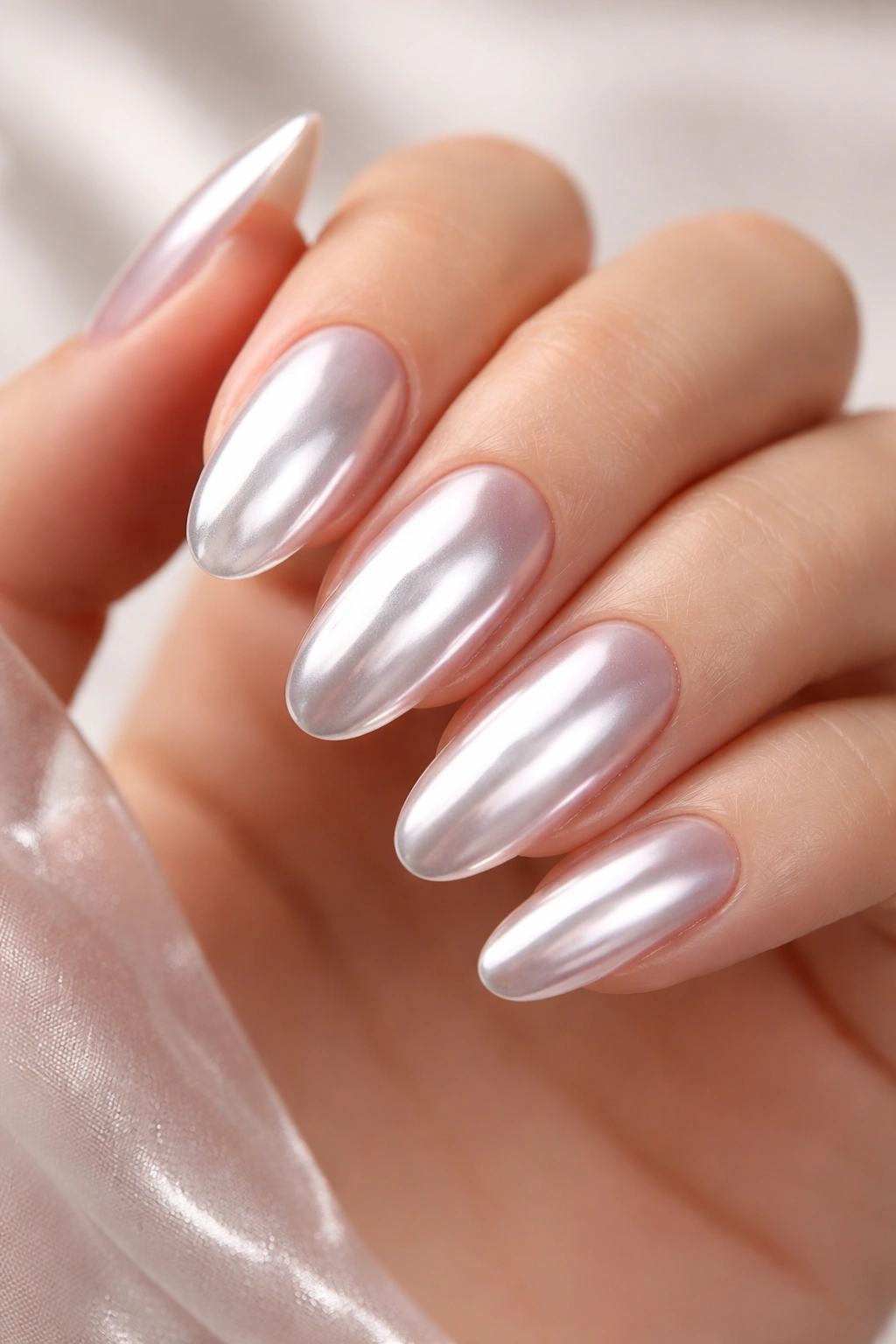 Close-up of hands with glazed chrome nails showing iridescent, glass-like finish