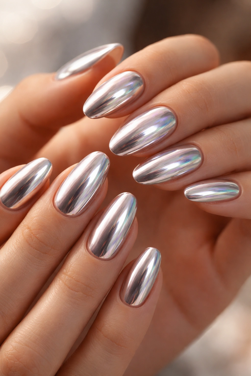 Close-up of chrome nails with mirror-like reflective finish.