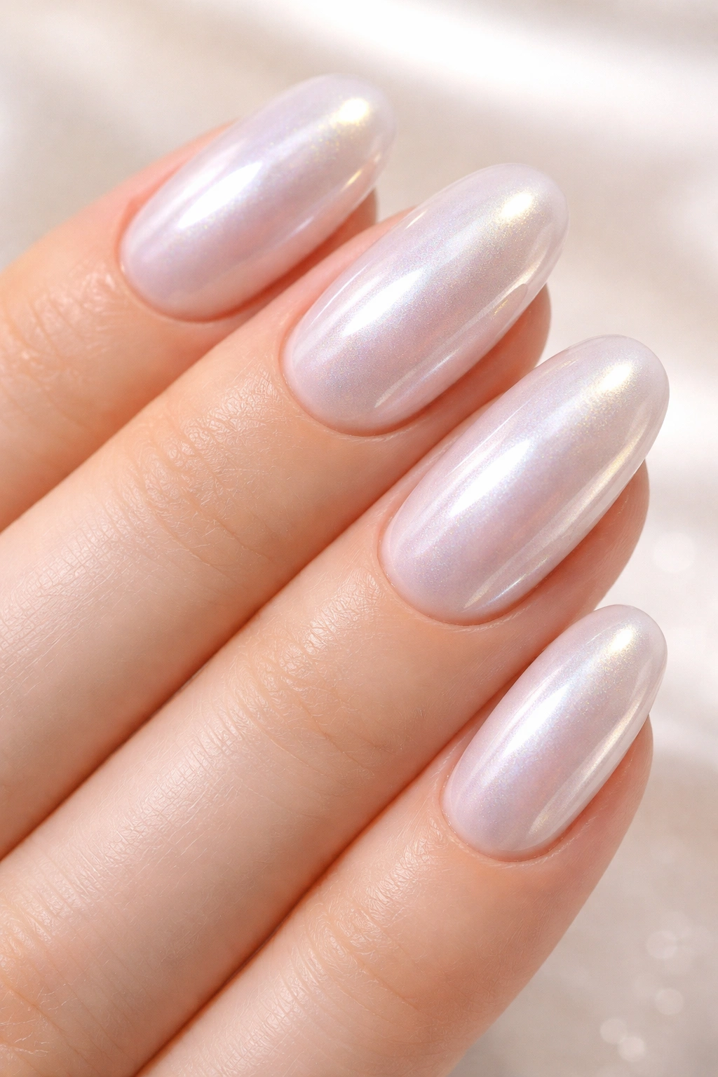 Oval nails with glazed donut chrome pearlescent finish