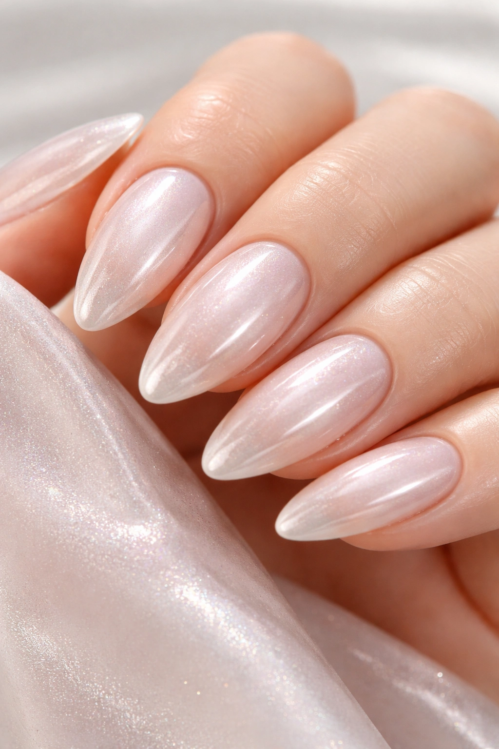 Almond nails with pearlescent glazed donut finish on a hand