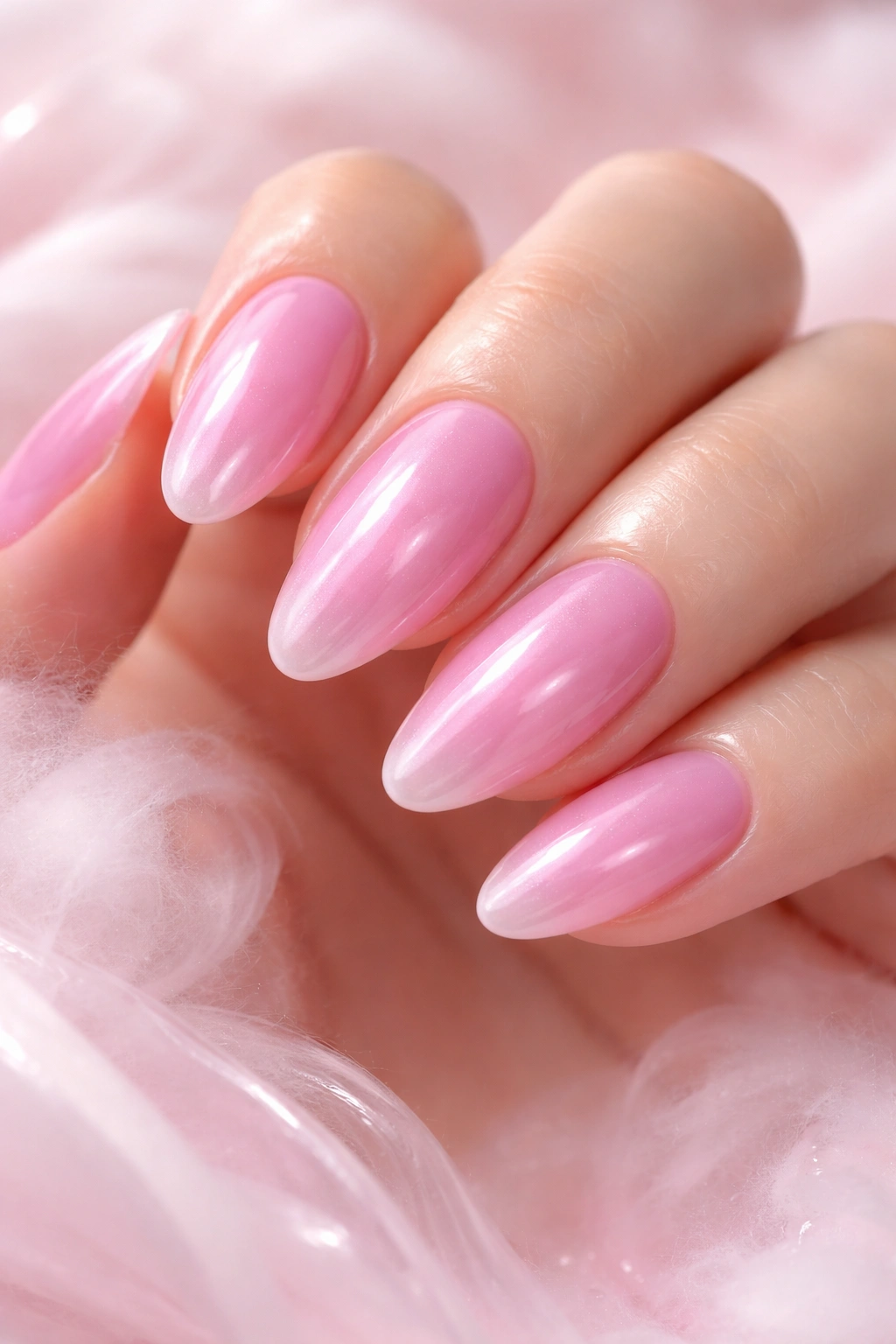 Almond nails with milky pink jelly glaze and glossy finish