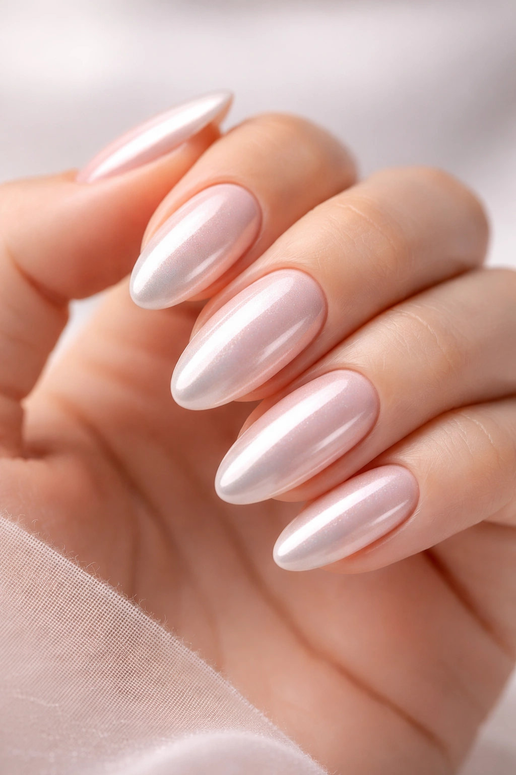 Close-up of glazed donut chrome nails with pearly iridescent finish