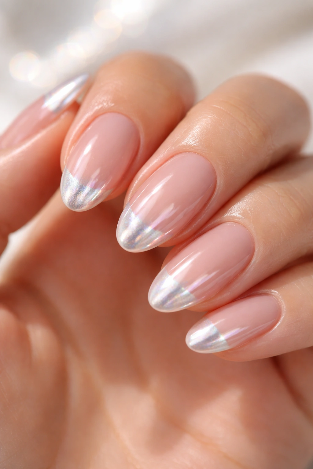 Short almond nails with pearlescent chrome tips on a nude base