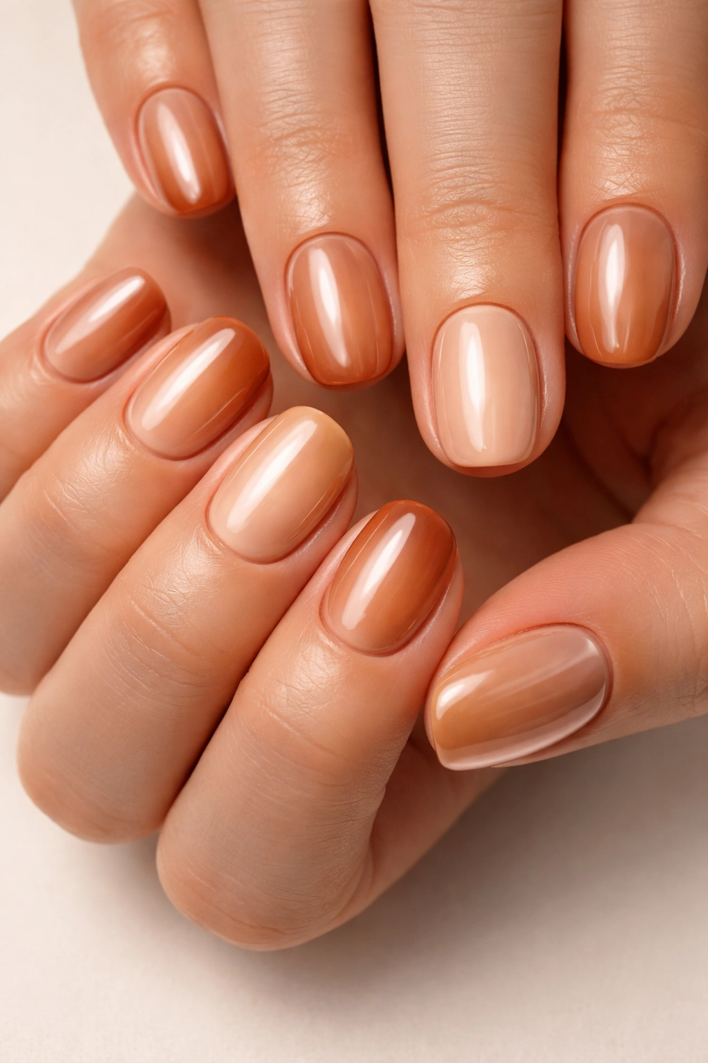 Lineup of short squoval glazed donut nails with glossy finish