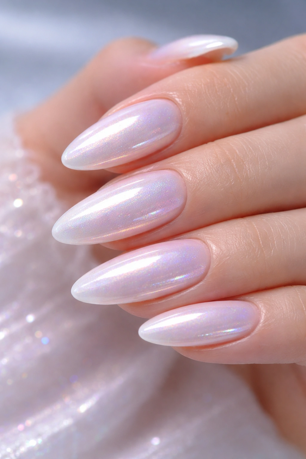 Almond nails with pearly glazed donut iridescent finish