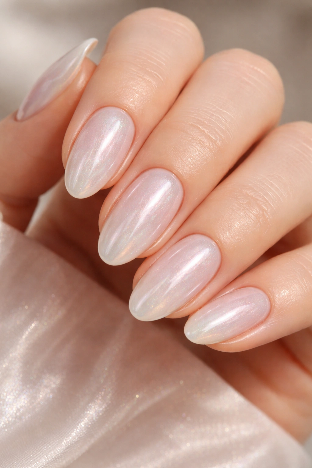 Close-up of glazed donut nails with milky pearlescent glaze