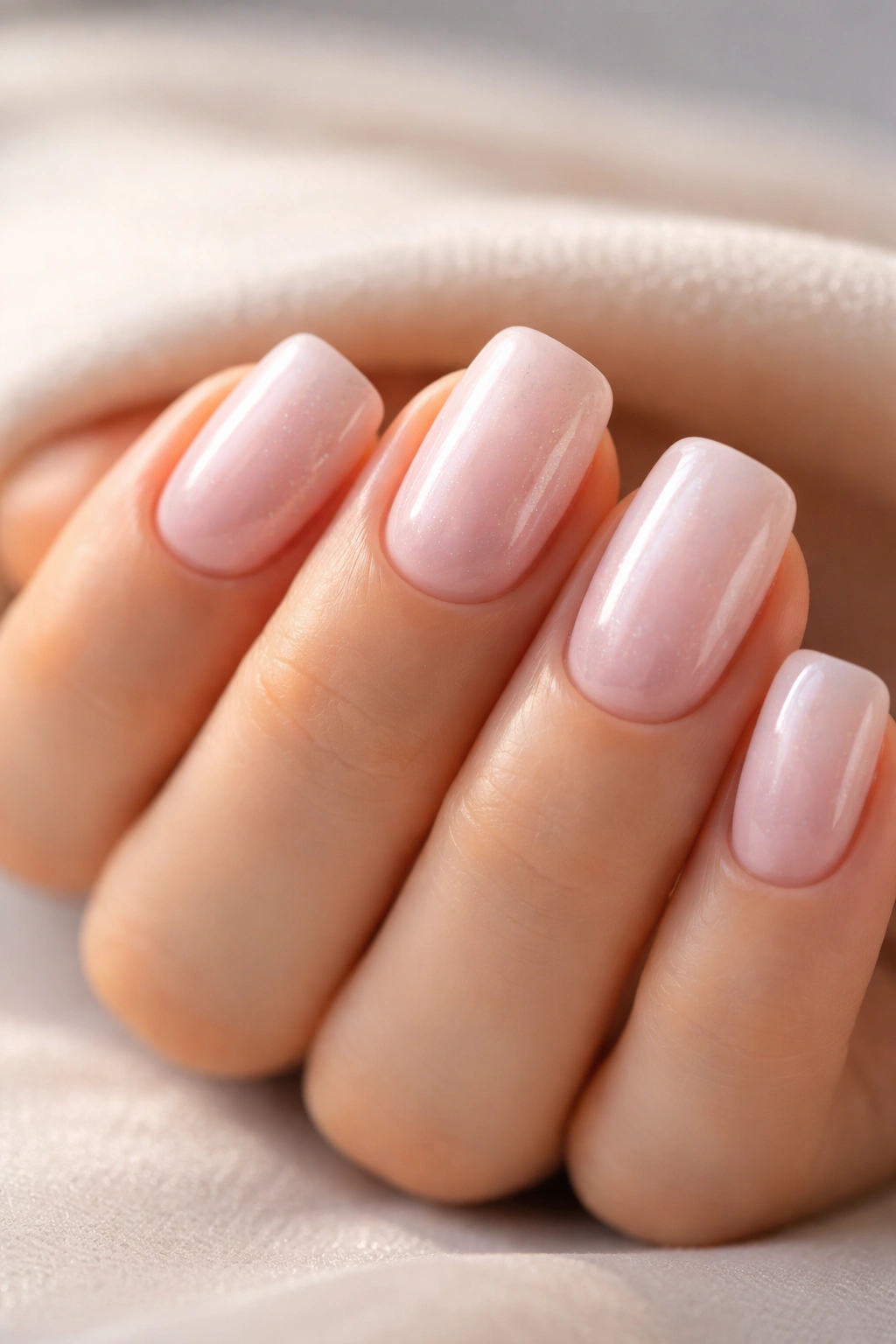 Close-up of translucent pink glazed donut nails with pearl shimmer on short squoval nails